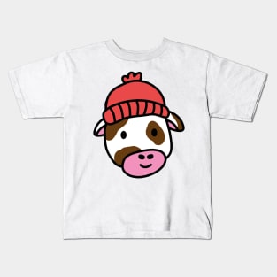 Cute cartoon dairy cow wearing a wooly hat Kids T-Shirt